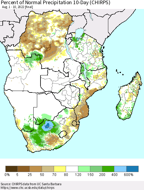 Southern Africa Percent of Normal Precipitation 10-Day (CHIRPS) Thematic Map For 8/1/2022 - 8/10/2022
