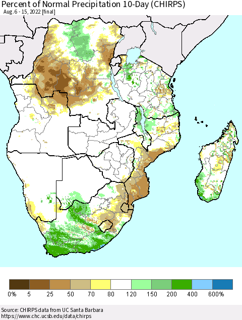 Southern Africa Percent of Normal Precipitation 10-Day (CHIRPS) Thematic Map For 8/6/2022 - 8/15/2022