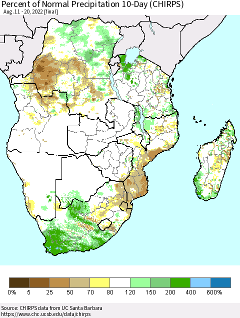 Southern Africa Percent of Normal Precipitation 10-Day (CHIRPS) Thematic Map For 8/11/2022 - 8/20/2022
