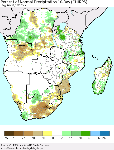 Southern Africa Percent of Normal Precipitation 10-Day (CHIRPS) Thematic Map For 8/16/2022 - 8/25/2022