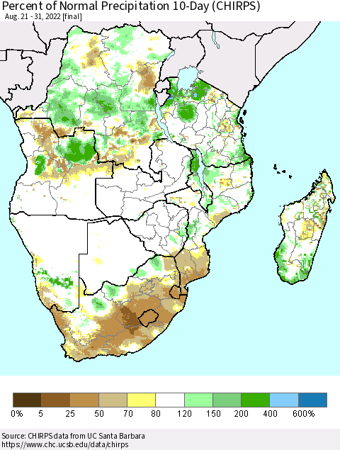 Southern Africa Percent of Normal Precipitation 10-Day (CHIRPS) Thematic Map For 8/21/2022 - 8/31/2022