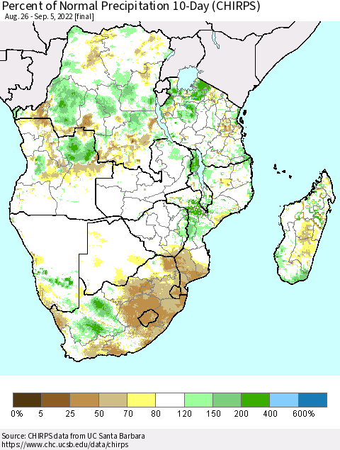 Southern Africa Percent of Normal Precipitation 10-Day (CHIRPS) Thematic Map For 8/26/2022 - 9/5/2022