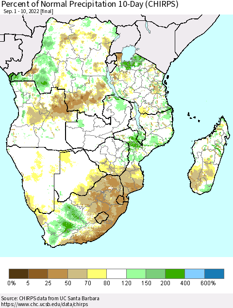 Southern Africa Percent of Normal Precipitation 10-Day (CHIRPS) Thematic Map For 9/1/2022 - 9/10/2022