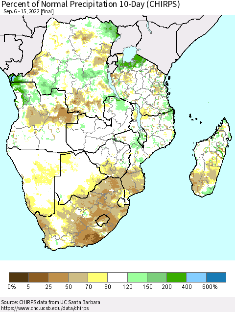 Southern Africa Percent of Normal Precipitation 10-Day (CHIRPS) Thematic Map For 9/6/2022 - 9/15/2022