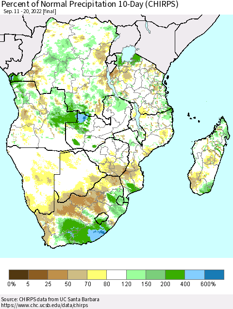 Southern Africa Percent of Normal Precipitation 10-Day (CHIRPS) Thematic Map For 9/11/2022 - 9/20/2022