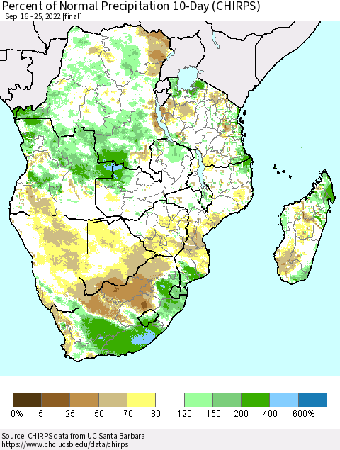 Southern Africa Percent of Normal Precipitation 10-Day (CHIRPS) Thematic Map For 9/16/2022 - 9/25/2022