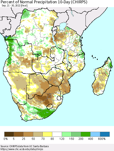 Southern Africa Percent of Normal Precipitation 10-Day (CHIRPS) Thematic Map For 9/21/2022 - 9/30/2022