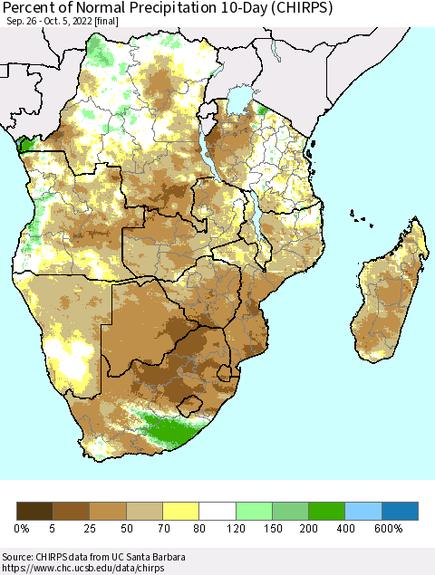 Southern Africa Percent of Normal Precipitation 10-Day (CHIRPS) Thematic Map For 9/26/2022 - 10/5/2022
