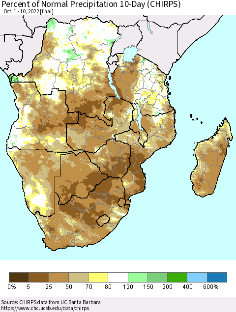 Southern Africa Percent of Normal Precipitation 10-Day (CHIRPS) Thematic Map For 10/1/2022 - 10/10/2022