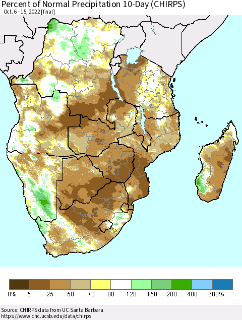 Southern Africa Percent of Normal Precipitation 10-Day (CHIRPS) Thematic Map For 10/6/2022 - 10/15/2022