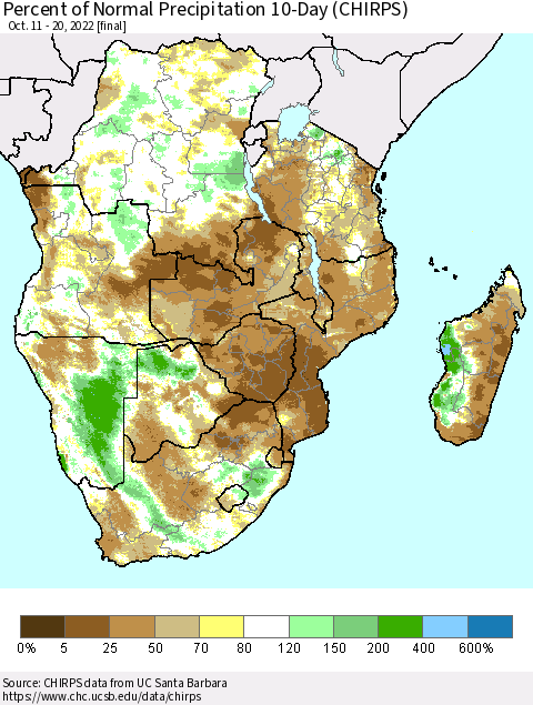 Southern Africa Percent of Normal Precipitation 10-Day (CHIRPS) Thematic Map For 10/11/2022 - 10/20/2022