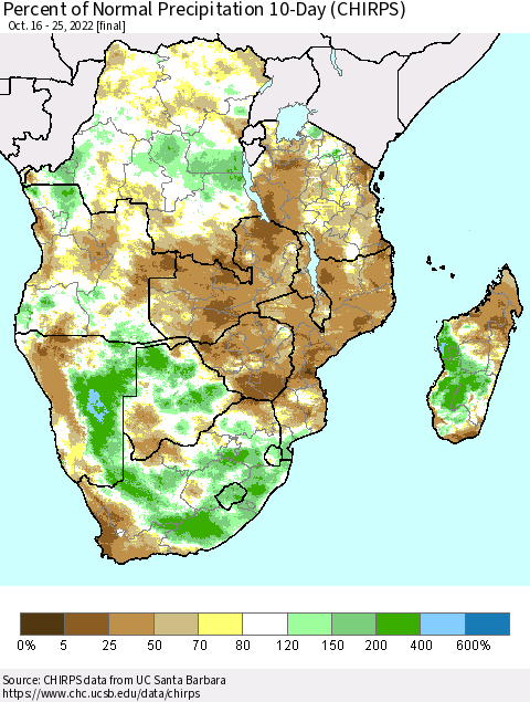 Southern Africa Percent of Normal Precipitation 10-Day (CHIRPS) Thematic Map For 10/16/2022 - 10/25/2022