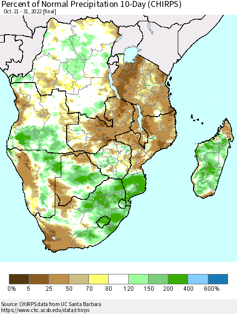 Southern Africa Percent of Normal Precipitation 10-Day (CHIRPS) Thematic Map For 10/21/2022 - 10/31/2022