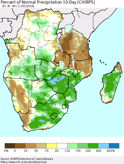 Southern Africa Percent of Normal Precipitation 10-Day (CHIRPS) Thematic Map For 10/26/2022 - 11/5/2022