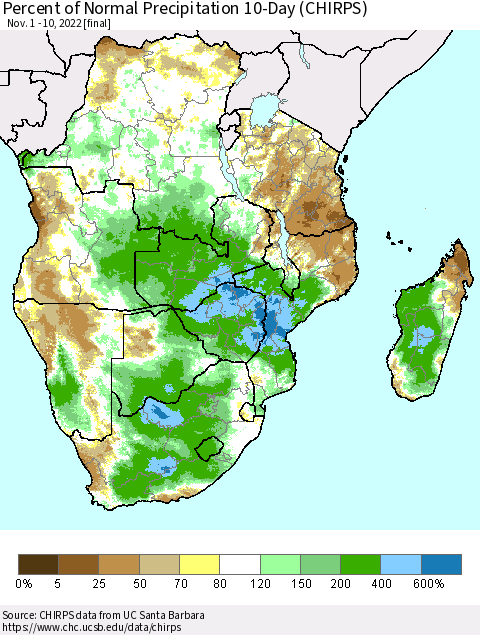 Southern Africa Percent of Normal Precipitation 10-Day (CHIRPS) Thematic Map For 11/1/2022 - 11/10/2022