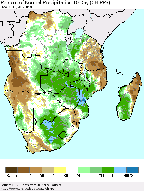 Southern Africa Percent of Normal Precipitation 10-Day (CHIRPS) Thematic Map For 11/6/2022 - 11/15/2022
