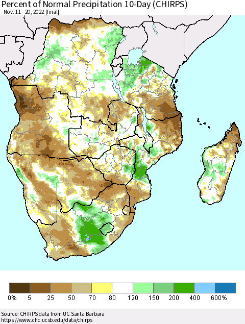 Southern Africa Percent of Normal Precipitation 10-Day (CHIRPS) Thematic Map For 11/11/2022 - 11/20/2022