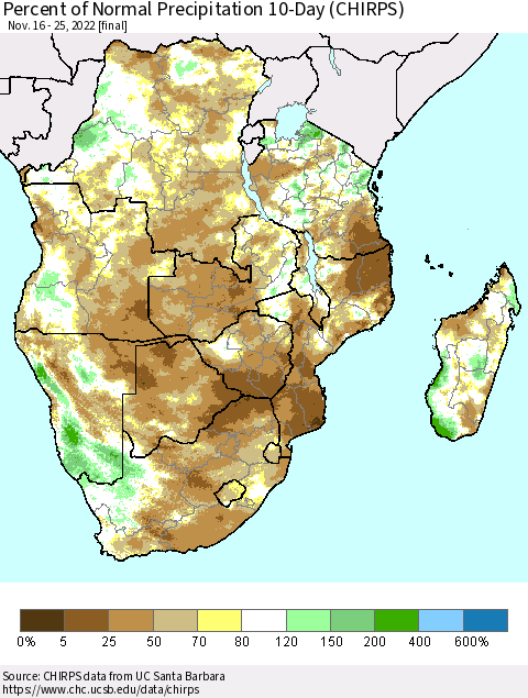 Southern Africa Percent of Normal Precipitation 10-Day (CHIRPS) Thematic Map For 11/16/2022 - 11/25/2022