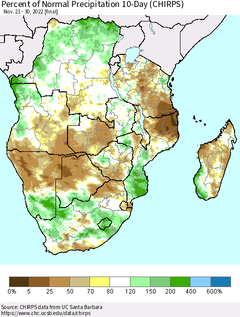 Southern Africa Percent of Normal Precipitation 10-Day (CHIRPS) Thematic Map For 11/21/2022 - 11/30/2022