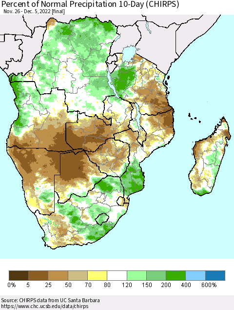 Southern Africa Percent of Normal Precipitation 10-Day (CHIRPS) Thematic Map For 11/26/2022 - 12/5/2022