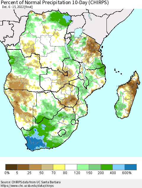 Southern Africa Percent of Normal Precipitation 10-Day (CHIRPS) Thematic Map For 12/6/2022 - 12/15/2022