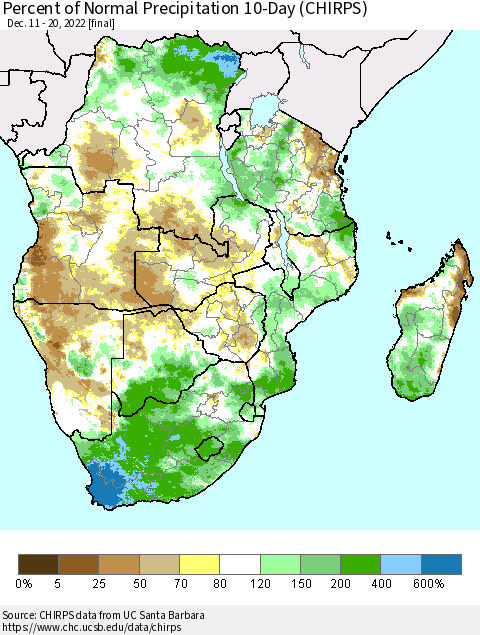 Southern Africa Percent of Normal Precipitation 10-Day (CHIRPS) Thematic Map For 12/11/2022 - 12/20/2022