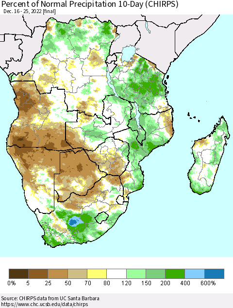 Southern Africa Percent of Normal Precipitation 10-Day (CHIRPS) Thematic Map For 12/16/2022 - 12/25/2022