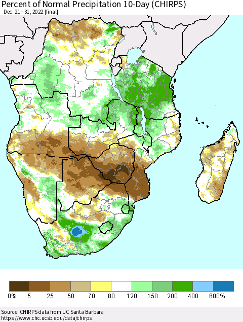Southern Africa Percent of Normal Precipitation 10-Day (CHIRPS) Thematic Map For 12/21/2022 - 12/31/2022