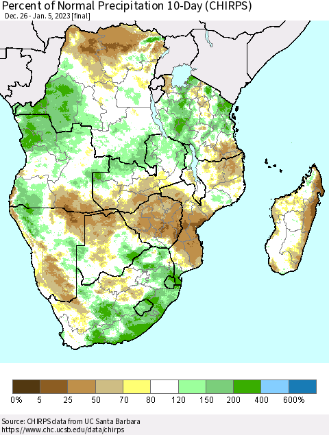 Southern Africa Percent of Normal Precipitation 10-Day (CHIRPS) Thematic Map For 12/26/2022 - 1/5/2023