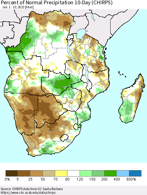 Southern Africa Percent of Normal Precipitation 10-Day (CHIRPS) Thematic Map For 1/1/2023 - 1/10/2023
