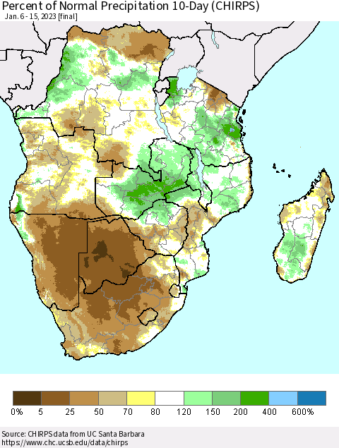 Southern Africa Percent of Normal Precipitation 10-Day (CHIRPS) Thematic Map For 1/6/2023 - 1/15/2023