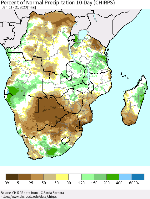 Southern Africa Percent of Normal Precipitation 10-Day (CHIRPS) Thematic Map For 1/11/2023 - 1/20/2023