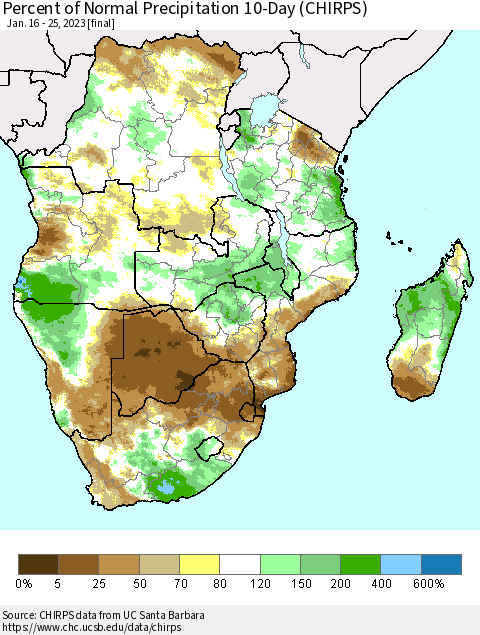 Southern Africa Percent of Normal Precipitation 10-Day (CHIRPS) Thematic Map For 1/16/2023 - 1/25/2023
