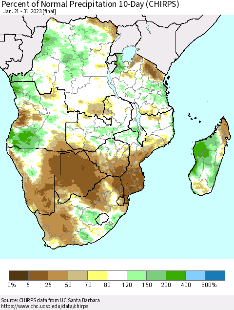 Southern Africa Percent of Normal Precipitation 10-Day (CHIRPS) Thematic Map For 1/21/2023 - 1/31/2023