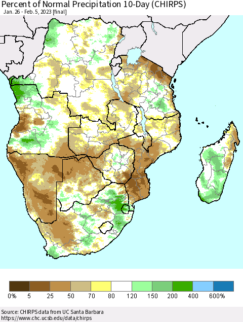 Southern Africa Percent of Normal Precipitation 10-Day (CHIRPS) Thematic Map For 1/26/2023 - 2/5/2023