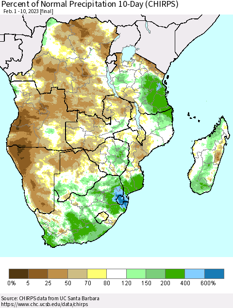 Southern Africa Percent of Normal Precipitation 10-Day (CHIRPS) Thematic Map For 2/1/2023 - 2/10/2023