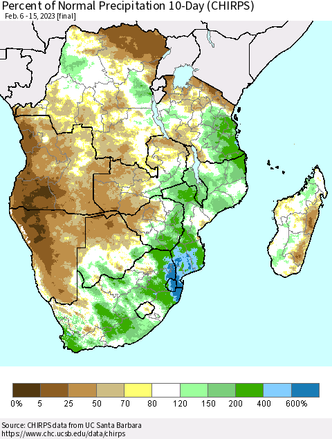 Southern Africa Percent of Normal Precipitation 10-Day (CHIRPS) Thematic Map For 2/6/2023 - 2/15/2023