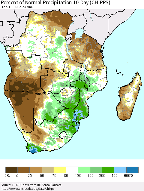 Southern Africa Percent of Normal Precipitation 10-Day (CHIRPS) Thematic Map For 2/11/2023 - 2/20/2023
