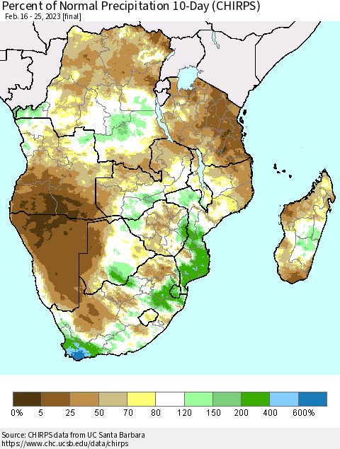 Southern Africa Percent of Normal Precipitation 10-Day (CHIRPS) Thematic Map For 2/16/2023 - 2/25/2023