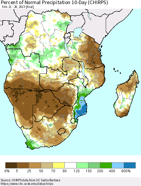 Southern Africa Percent of Normal Precipitation 10-Day (CHIRPS) Thematic Map For 2/21/2023 - 2/28/2023