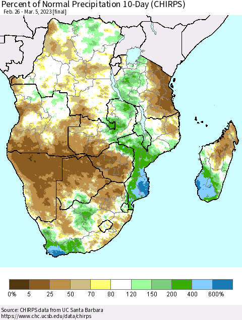 Southern Africa Percent of Normal Precipitation 10-Day (CHIRPS) Thematic Map For 2/26/2023 - 3/5/2023