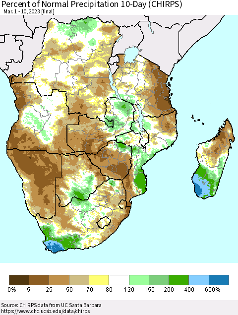 Southern Africa Percent of Normal Precipitation 10-Day (CHIRPS) Thematic Map For 3/1/2023 - 3/10/2023