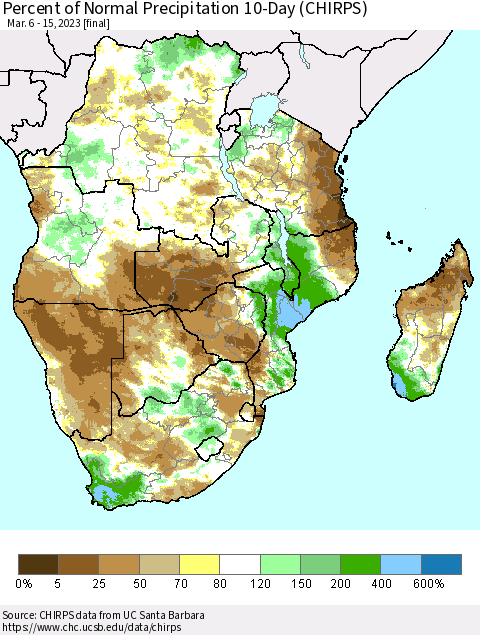 Southern Africa Percent of Normal Precipitation 10-Day (CHIRPS) Thematic Map For 3/6/2023 - 3/15/2023