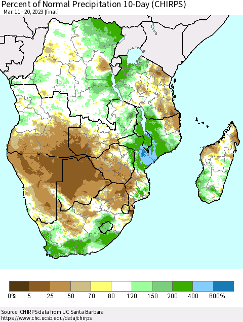 Southern Africa Percent of Normal Precipitation 10-Day (CHIRPS) Thematic Map For 3/11/2023 - 3/20/2023