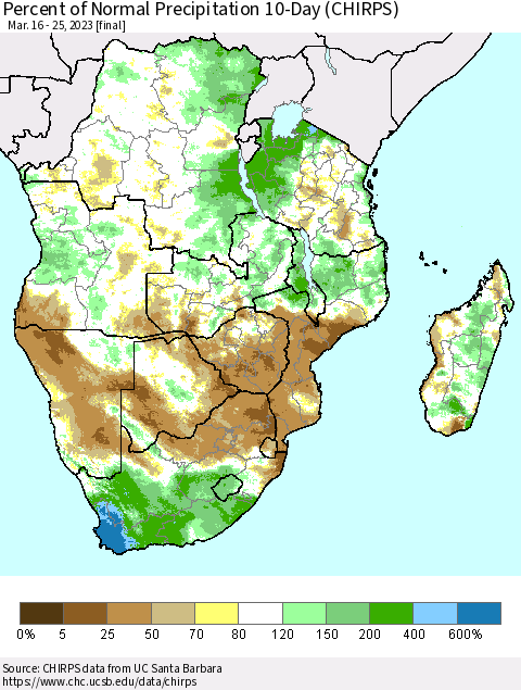 Southern Africa Percent of Normal Precipitation 10-Day (CHIRPS) Thematic Map For 3/16/2023 - 3/25/2023