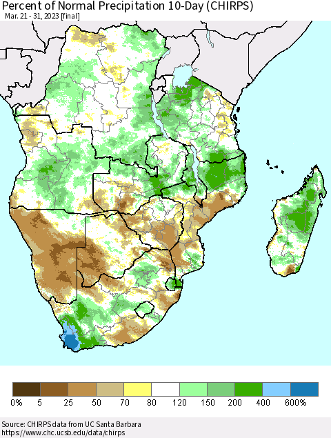 Southern Africa Percent of Normal Precipitation 10-Day (CHIRPS) Thematic Map For 3/21/2023 - 3/31/2023