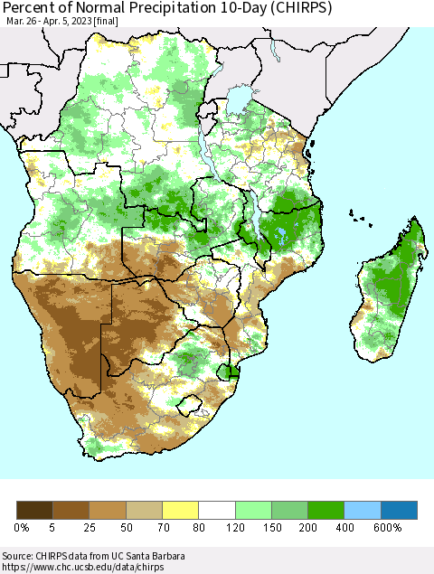 Southern Africa Percent of Normal Precipitation 10-Day (CHIRPS) Thematic Map For 3/26/2023 - 4/5/2023