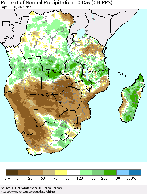 Southern Africa Percent of Normal Precipitation 10-Day (CHIRPS) Thematic Map For 4/1/2023 - 4/10/2023