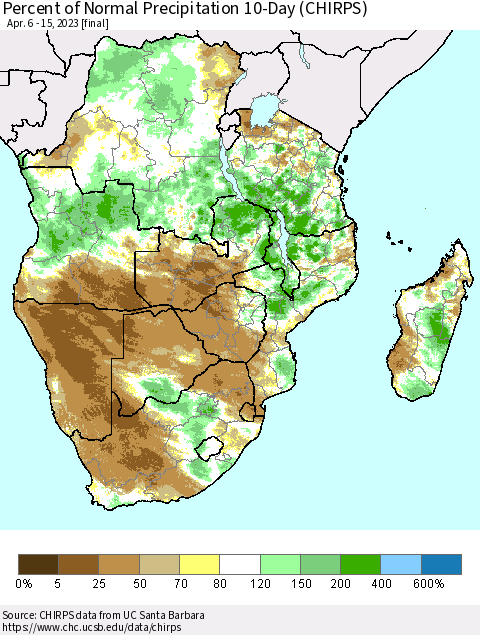 Southern Africa Percent of Normal Precipitation 10-Day (CHIRPS) Thematic Map For 4/6/2023 - 4/15/2023