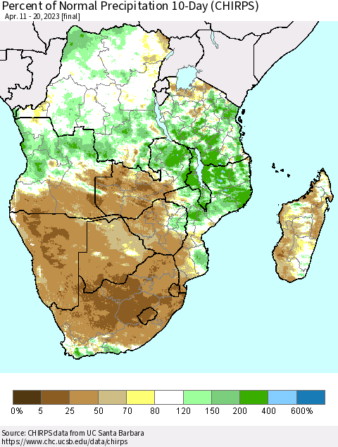 Southern Africa Percent of Normal Precipitation 10-Day (CHIRPS) Thematic Map For 4/11/2023 - 4/20/2023